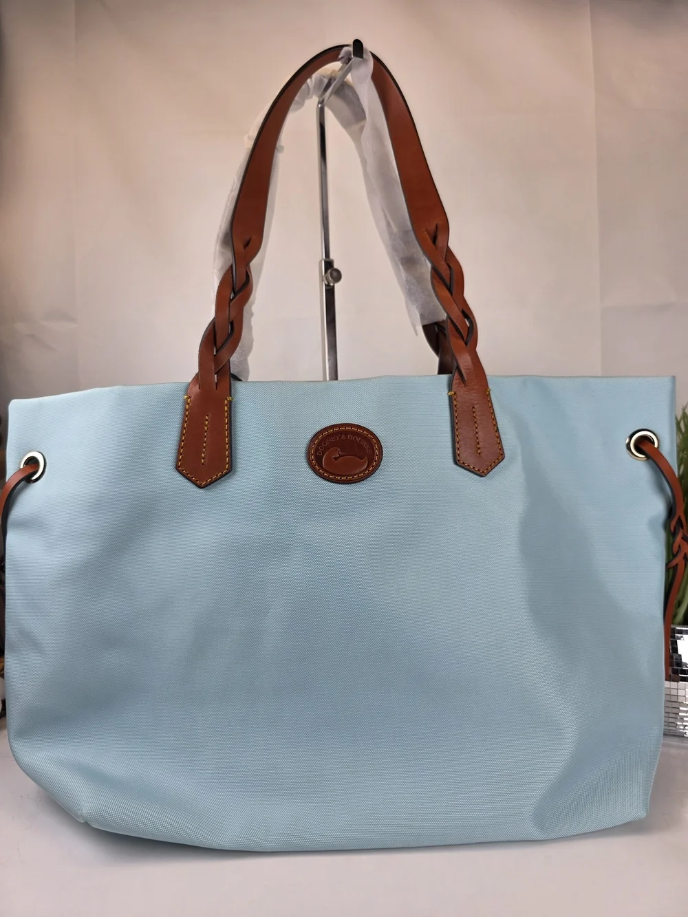 Dooney & Bourke Blue Nylon Shopper Tote Large Bag Brown Braid Leather Handles